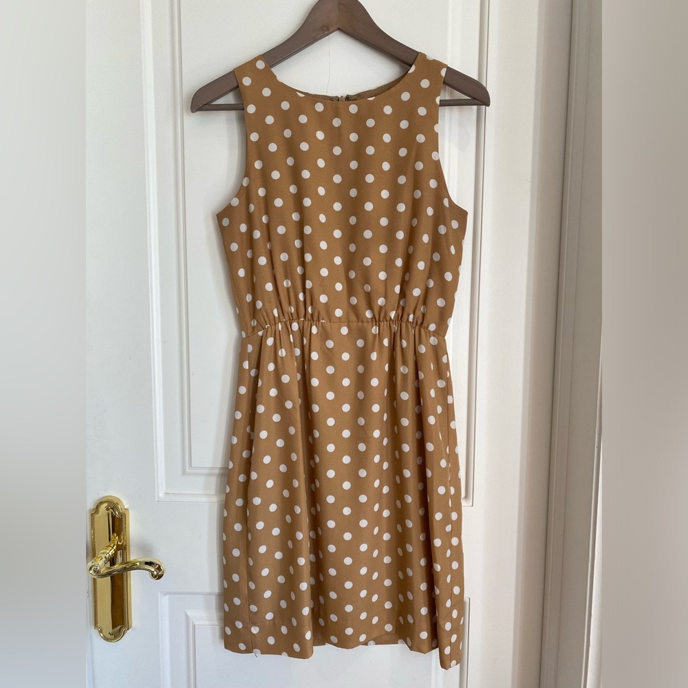 J.CREW ( factory) Tan & White A-Line Sleeveless Summer Polka Dot Dress Size 0